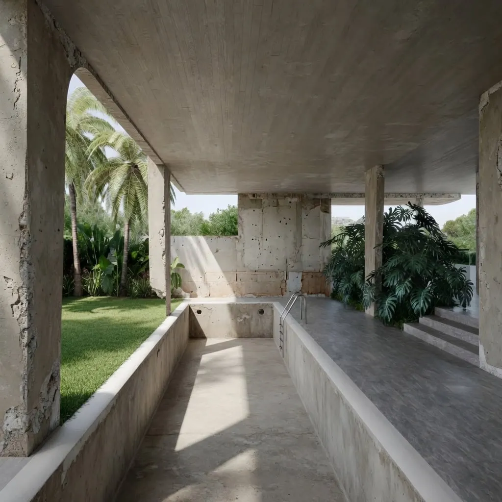 Rendered Façade & Pool House — before